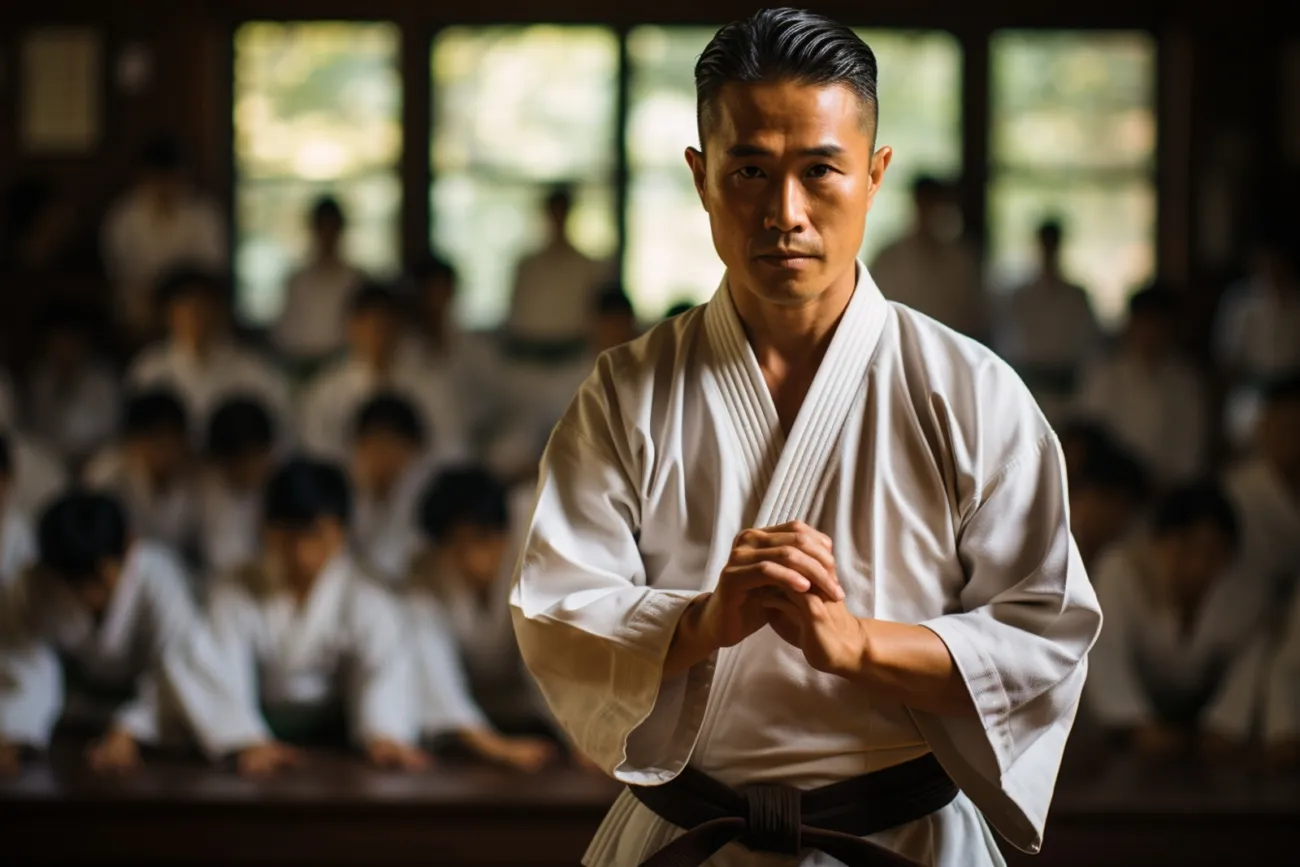 Sensei correcting student's stance, showcasing what does Sensei mean in the context of Karate teaching