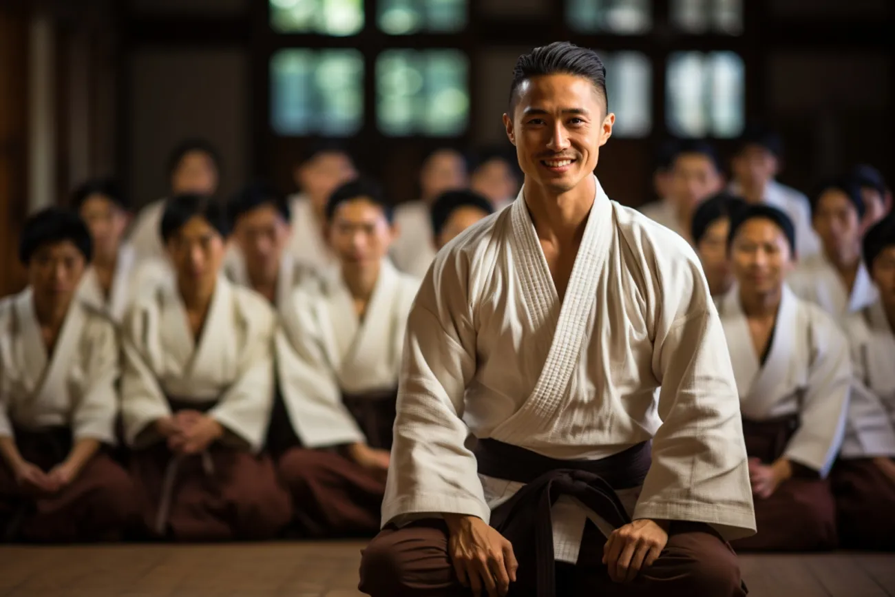 Karate Sensei demonstrating technique in dojo, embodying the meaning of Sensei