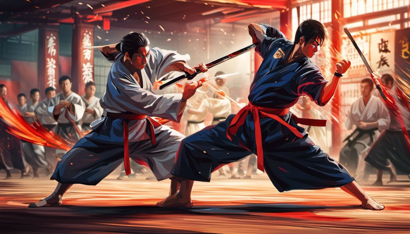 Kobudo, A determined martial artist wielding an Okinawan sai weapon strikes swiftly.