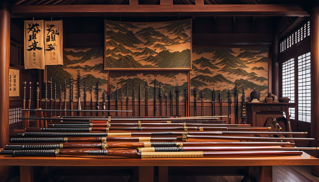 Kobudo, Traditional Kobudo weapons displayed against ancient Okinawan architecture, reflecting East Asian culture.