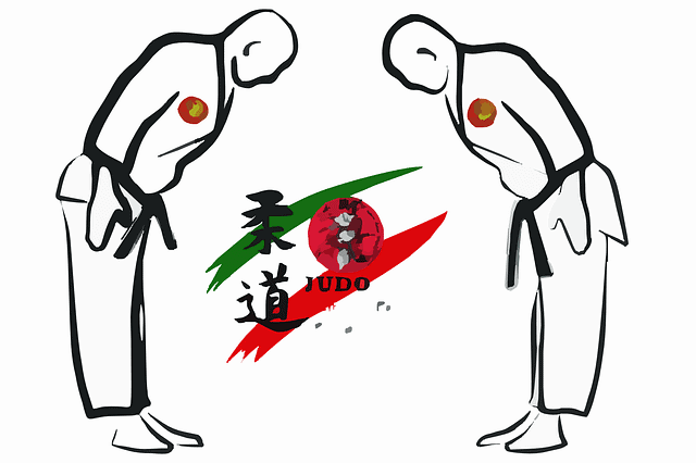 A drawing of a bow between two martial artist